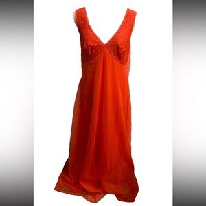 Vintage VANITY FAIR 50’s/60’s  Red Long Nylon Overlay Night Gown Lace Size 36